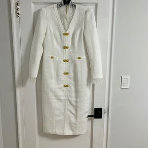 White Tweed Dress with Gold Buttons and chantilly lace collar and sleeve design